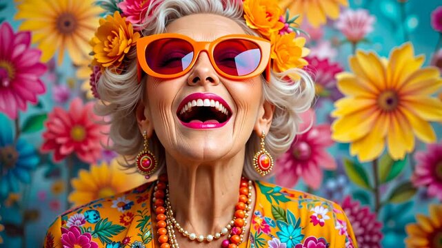 Stylish senior caucasian woman with bright makeup and sunglasses laughing on colorful floral background. Concept of vibrant aging and joy - Powered by Adobe