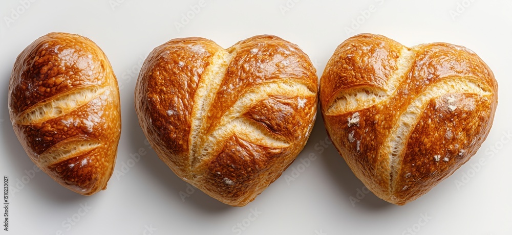 Poster heart-shaped artisan bread loaves with golden crust and intricate scoring patterns