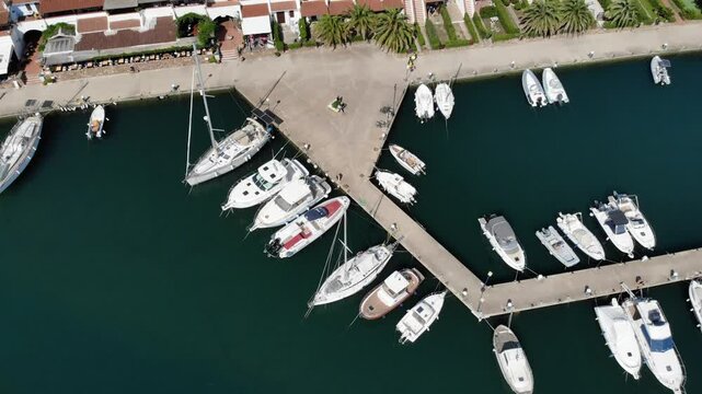 Marina of Porto Ottiolu in Budoni municipality in Sardinia island, Italy. Drone point of view.