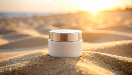A white cosmetic jar sits on sandy dunes at sunset, evoking a sense of skincare and summer relaxation.