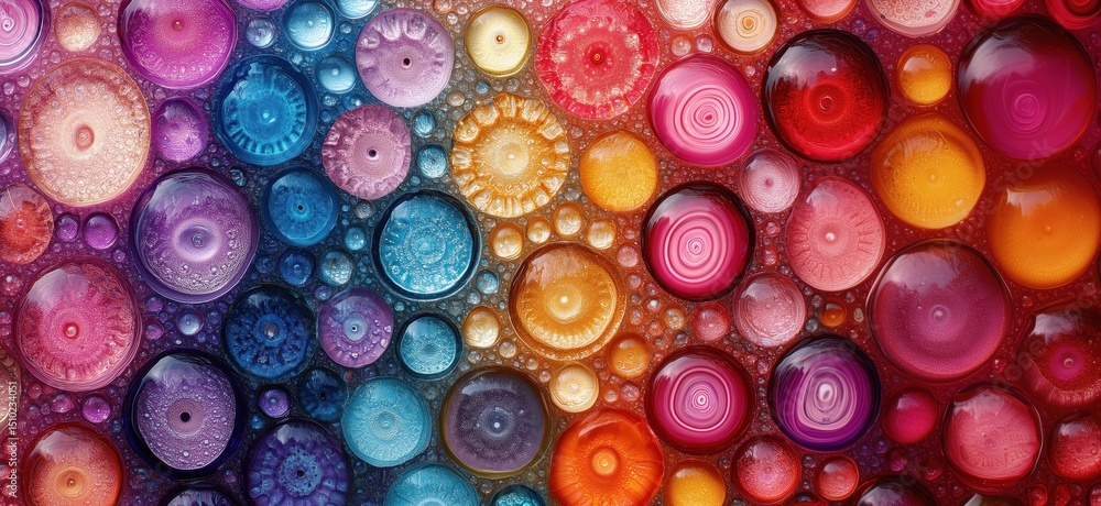 Poster colorful abstract bubbles with vibrant patterns and textures on a gradient background