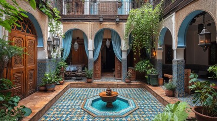 Moroccan courtyard, vibrant colors, intricate details