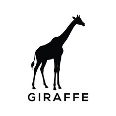 
A simple, black silhouette of a giraffe standing on a white background, with the word 