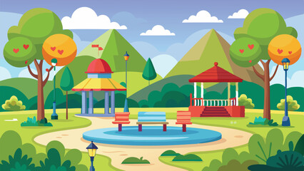 Naklejka premium Vibrant Cartoon Park Scene with Gazebos, Benches, Trees, and Mountain Backdrop