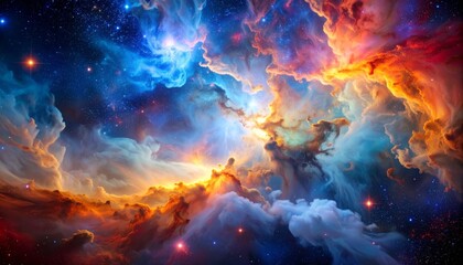 A vibrant, colorful nebula with swirling clouds of gas and stars in deep outer space, creating a stunning cosmic landscape.