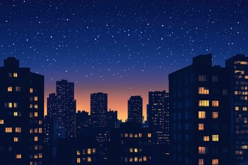 City Lights Under Celestial Canvas: A mesmerizing nighttime panorama of a city skyline, where the twinkling lights of buildings dance beneath a vibrant, star-studded sky.