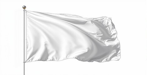 Fototapeta premium White flag fluttering on pole, realistic style with shadows, isolated on white background. Concept of sur, peace, neutrality. Ai generative