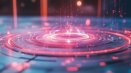 Abstract Digital Vortex: A mesmerizing abstract image featuring a vibrant pink and red digital vortex, swirling with glowing particles and concentric circles.