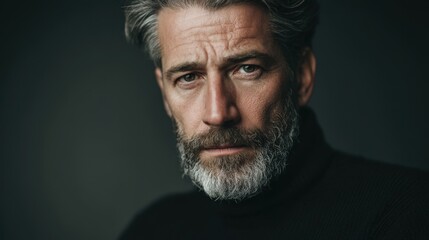 Fototapeta premium Mature Man with Graying Hair and Beard Close up Portrait Serious Expression