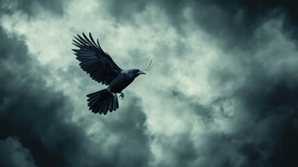 Fototapeta premium Dark raven soaring through stormy skies