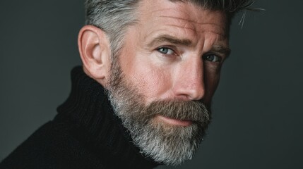Obraz premium Mature Man with Graying Hair and Beard Wearing a Black Turtleneck A Close Up Portrait