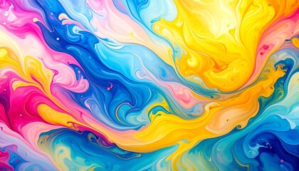 Fototapeta premium A vibrant swirl of colorful abstract paint with flowing patterns in blue, yellow, pink, and white tones.