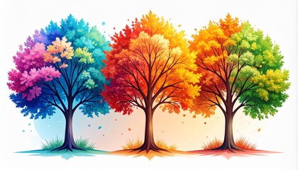 Three vibrant trees display colorful foliage in blue, pink, orange, yellow, and green, representing different seasons in a stylized, artistic illustration.