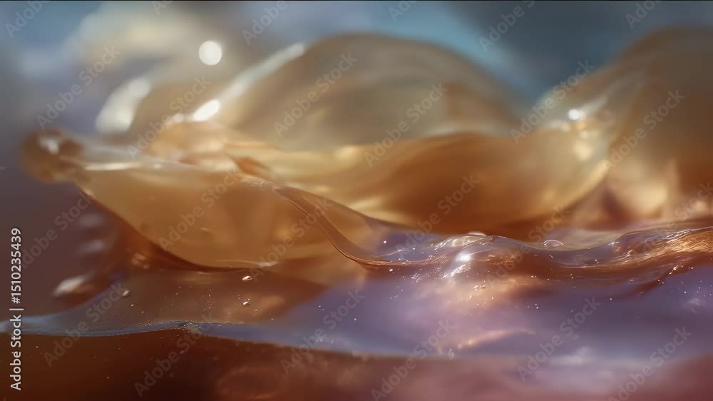 Poster close up macro video showcases a kombucha scoby gently floating in the brew, with ethereal light ref