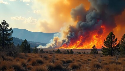 Fototapeta premium Wildfire consuming dry brush and trees in a natural landscape, smoke billowing into the sky The intense flames show the destructive power of uncontrolled nature , grassland, environment
