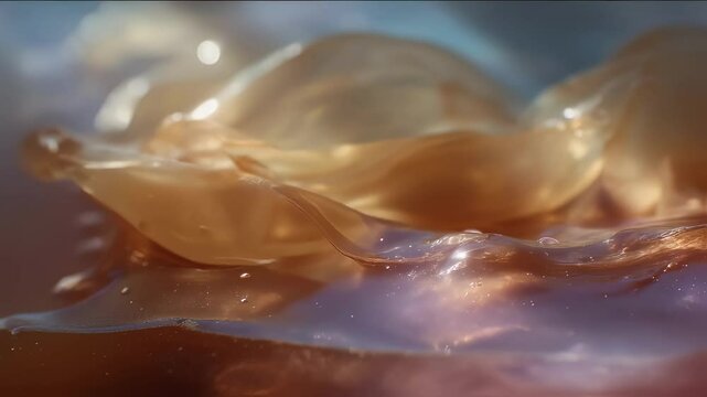 Close up macro video showcases a kombucha scoby gently floating in the brew, with ethereal light reflections dancing on the surface, creating a mesmerizing visual experience