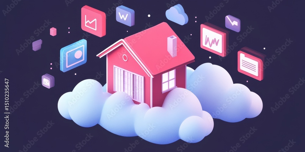 Poster digital home concept: illustrative visualization of a house floating on clouds, surrounded by digita