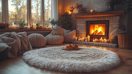 Cozy autumn living room with fireplace and warm lighting