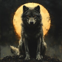 Dark wolf sits in the glow of a large golden moon