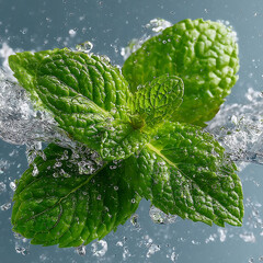 Mint leaves and water splashes isolated on a white background