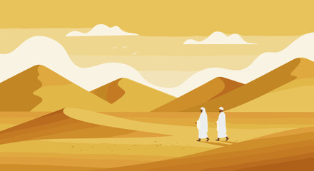 Fototapeta premium Two individuals, both dressed in white Ihram clothing, are walking together through a desert landscape, possibly during the Hajj pilgrimage in Saudi Arabia.