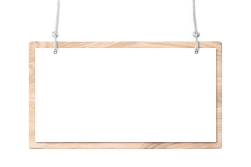 close up of an empty wooden sign hanging on a rope on white background. Ai Generated Images