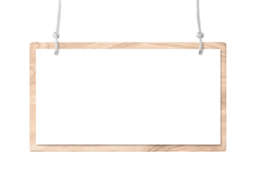 close up of an empty wooden sign hanging on a rope on white background. Ai Generated Images