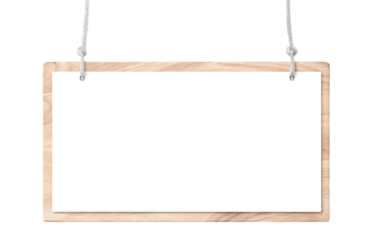 close up of an empty wooden sign hanging on a rope on white background. Ai Generated Images