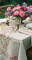 Floral Table Setting: Embroidered Linen Tablecloth, Pink Flowers, Elegant Glassware