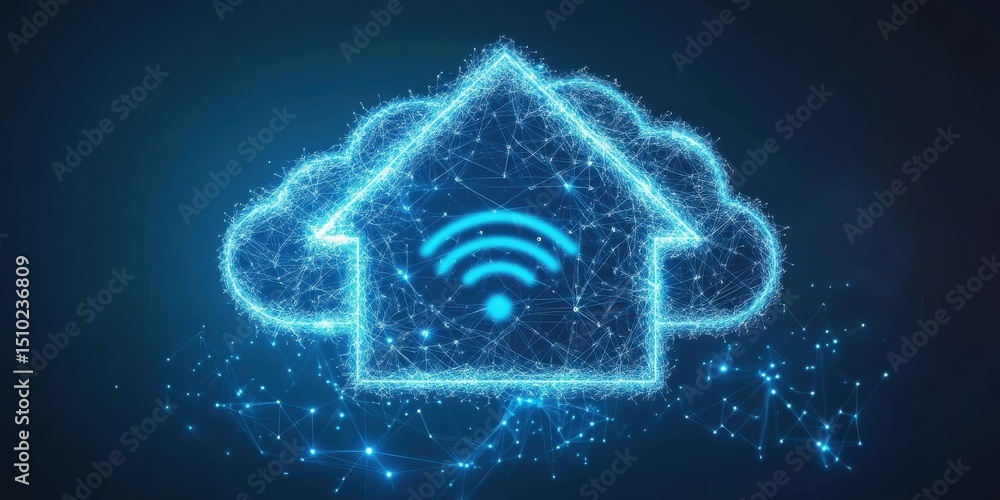 Poster smart home: this image showcases the concept of a smart home, represented by a luminous house icon c