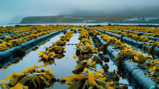 Misty kelp farm with sustainable farming practices