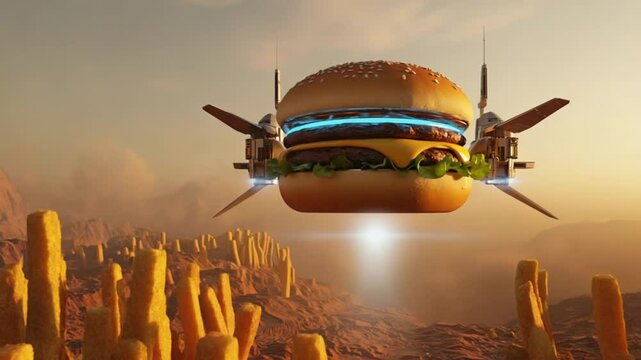 Surreal nature scene where a cheeseburger blooms earth flower, golden fries grow like plants around it, hyperreal macro lens, soft morning light, time-lapse style, magical realism