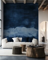 Ultramarine fade wall in a creative studio living room with spotlight accents and raw materials Artistic Deep Focus Living Emotional Cool-Toned Interiors