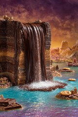 A thick chocolate waterfall cascades from a layered dessert cliff into a sparkling blue lake surrounded by cookies and candy islands.