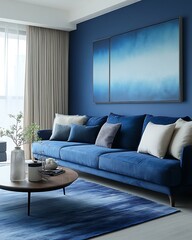 Fototapeta premium Ultramarine fade wall paired with clean-lined furniture and neutral floor-to-ceiling drapes Artistic Deep Focus Living Emotional Cool-Toned Interiors