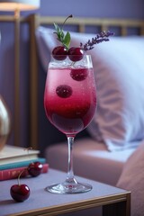 Refreshing Cherry Cocktail in Wine Glass Garnished with Herbs and Lavender
