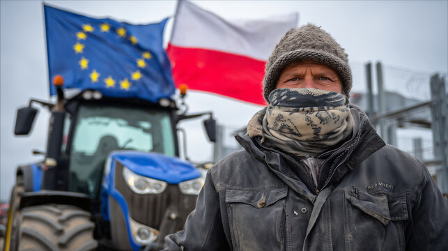A windblown protester in a scarf and wool hat stands beside a tractor draped with European Union and Polish flags, set against a gray sky and border control barrier