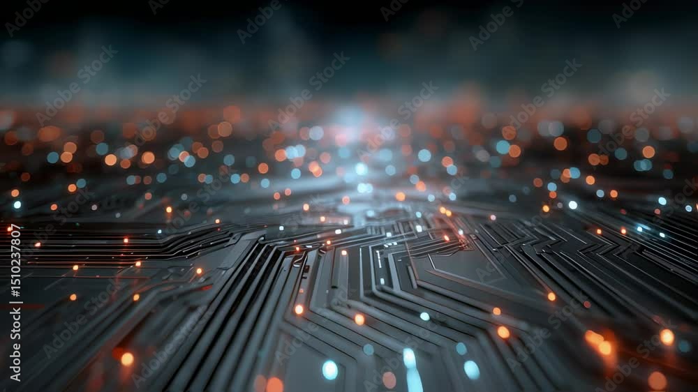 Poster futuristic circuit board backdrop with glowing particle effects symbolizing connectivity and digital