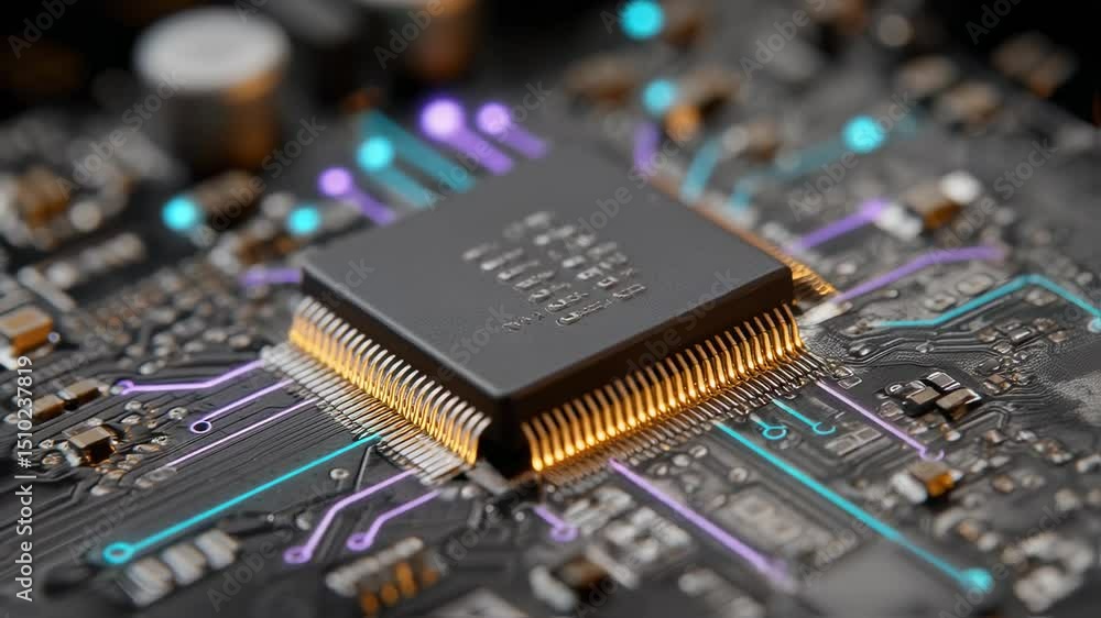 Poster a close-up shot showcases the intricate details of a computer microchip, highlighting its central pr