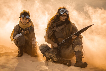 Post-Apocalyptic Woman With Sword And Boy With Gun In Desert Storm