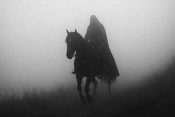 Silhouette of a headless horseman riding through fog
