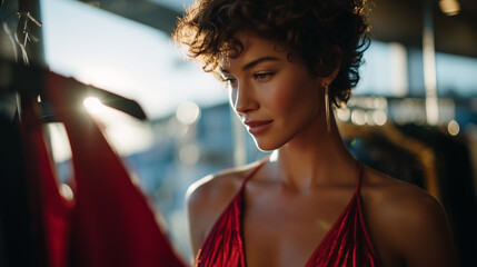A cinematic shot of a woman in profile, lit by natural sunlight from above, examining the hem of a red dress pulled off a hanger in an upscale fashion showroom