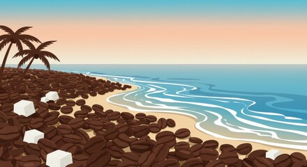 Coffee Bean Beach Paradise: Tropical Coast Covered in Roasted Beans and Sugar Cubes at Sunset