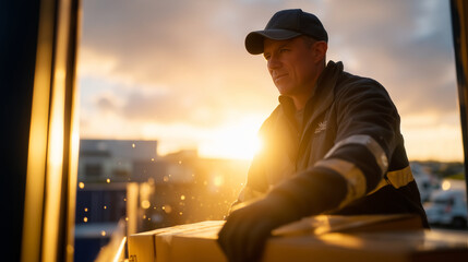 A cinematic low-angle shot of a young volunteer hoisting a box onto a truck ramp, sunlight streaming through open cargo doors illuminating dust particles in the air