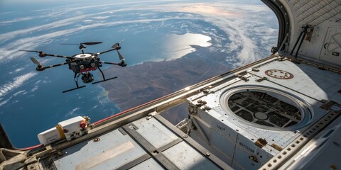 Fototapeta premium Drone operates outside a spacecraft while capturing stunning views of Earth and the ocean from low orbit