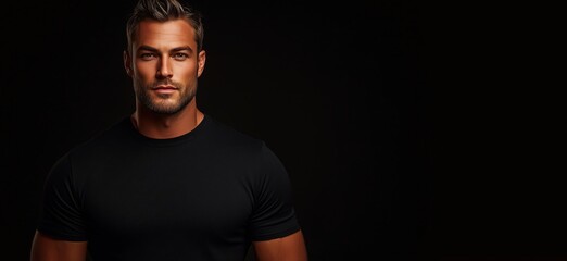 handsome man in black t-shirt with strong physique against dark background