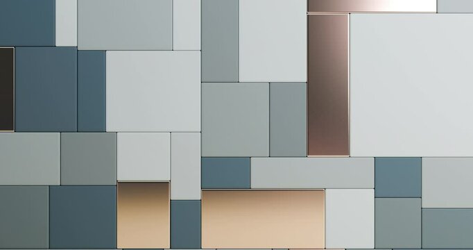 A three-dimensional abstract arrangement of gray-blue rectangular shapes of varying dimensions. The shapes are positioned haphazardly, interlocking with one another, resulting in a multi-layered appea