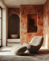 Terracotta blush wash wall under ambient indirect lighting in a contemporary warm room Blush-Toned Earthy Living Terracotta Soft-Feminine Interiors