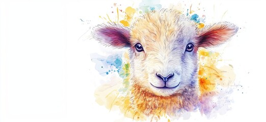 Colorful watercolor illustration of a cute sheep with vibrant splashes