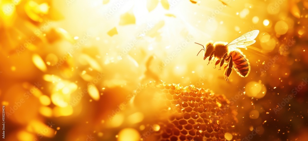 Poster bee hovering near honeycomb in golden sunlight with sparkling bokeh effect